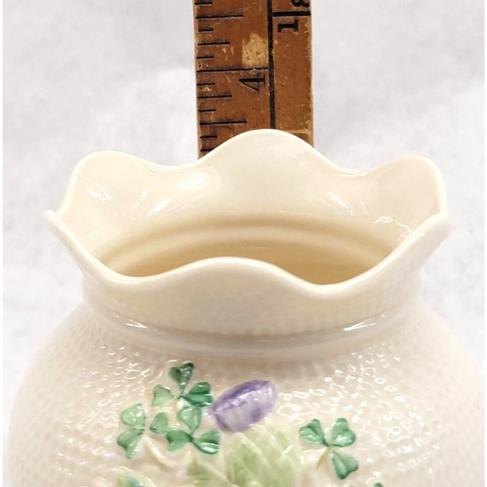 Vintage Belleek Porcelain Vase Ireland Shamrocks Rose Scalloped Rim 5” 1st Gold